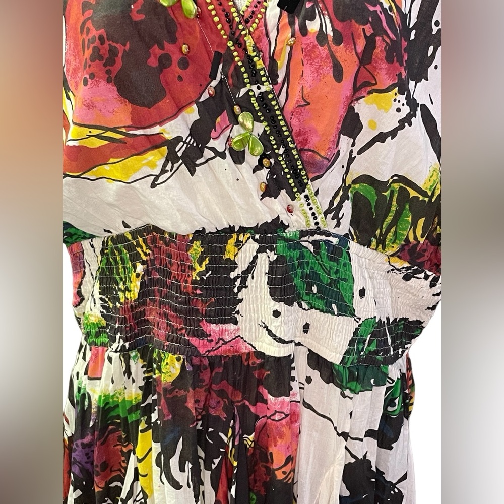 Sandy Starkman Artsy Beaded Colorful Watercolor Floral Cotton Dress 1X Vintage - Picture 8 of 15